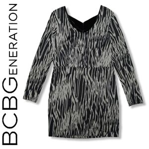 BCBGENERATION Black Grey Zebra Print Vneck Fitted Long Sleeve Mini Dress L
